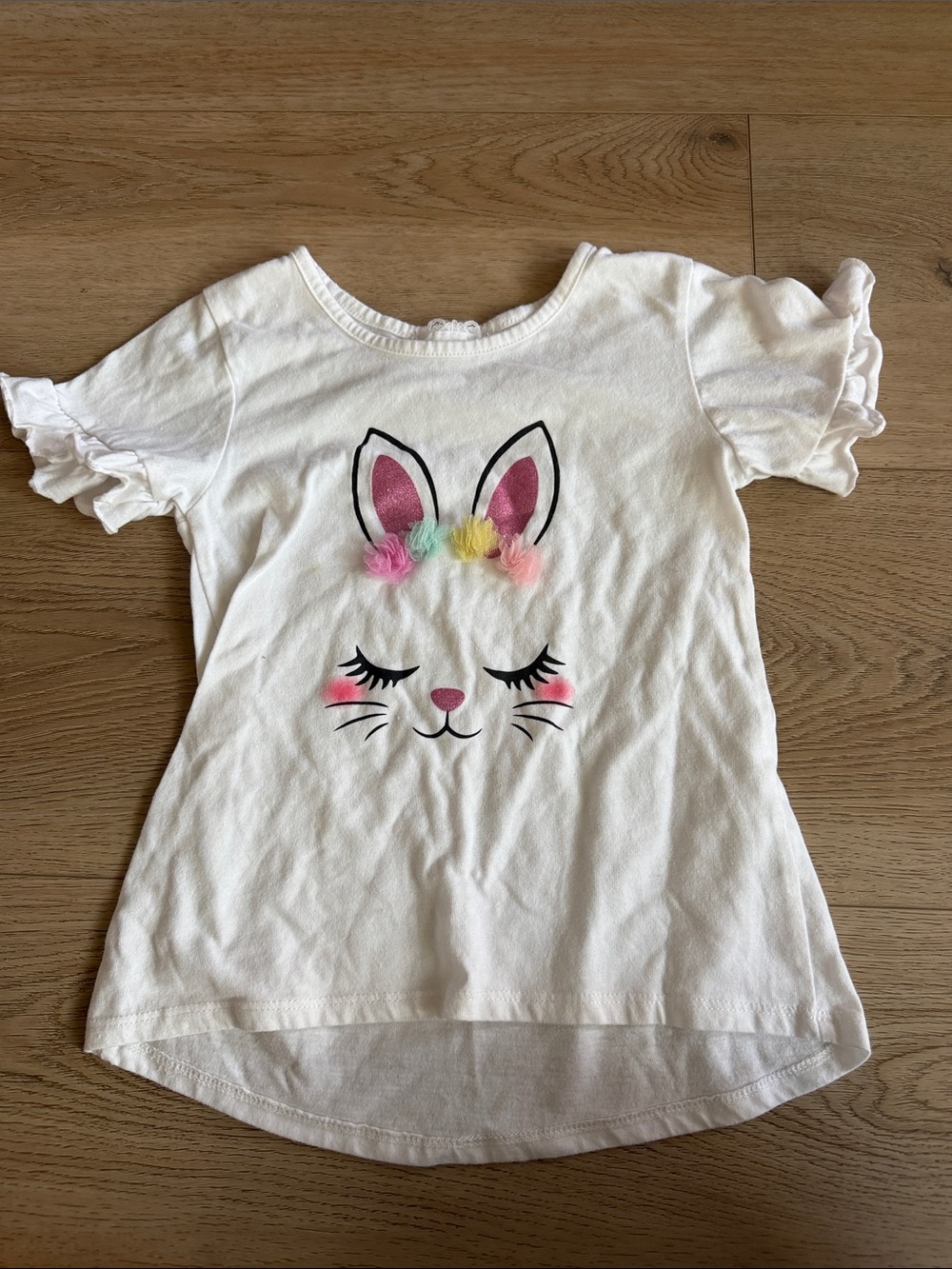 White Girls' Bunny Graphic Tee with Pom-Pom Accents size 8